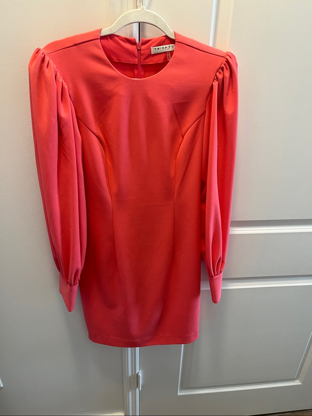 Trina Turk Bright Coral Long-Sleeve Puff Shoulder Shift Dress